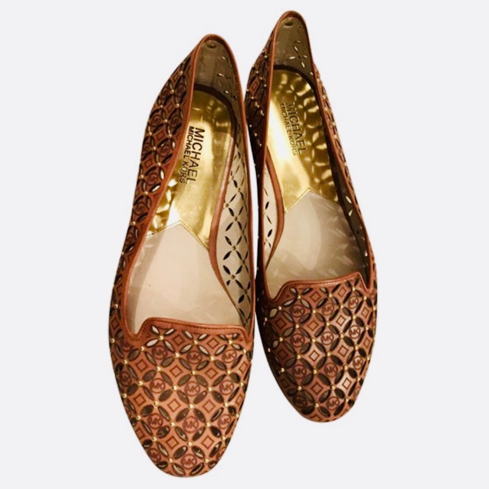 MICHAEL KORS TAN MESH FLAT SHOES GOLD BEADS, 7.5